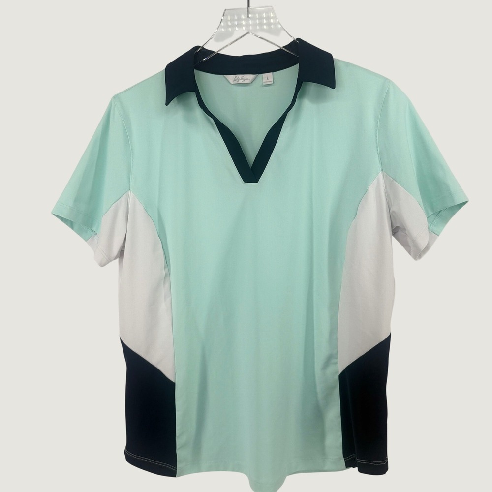 Lady Hagen Golf Polo Women Large Mint Green Colorblock Short Sleeve V-Neck‎